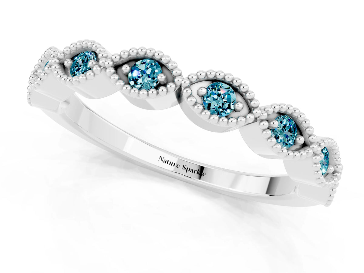 Marquise Blue Topaz Milgrain Half Eternity Band in Silver with Bezel Setting