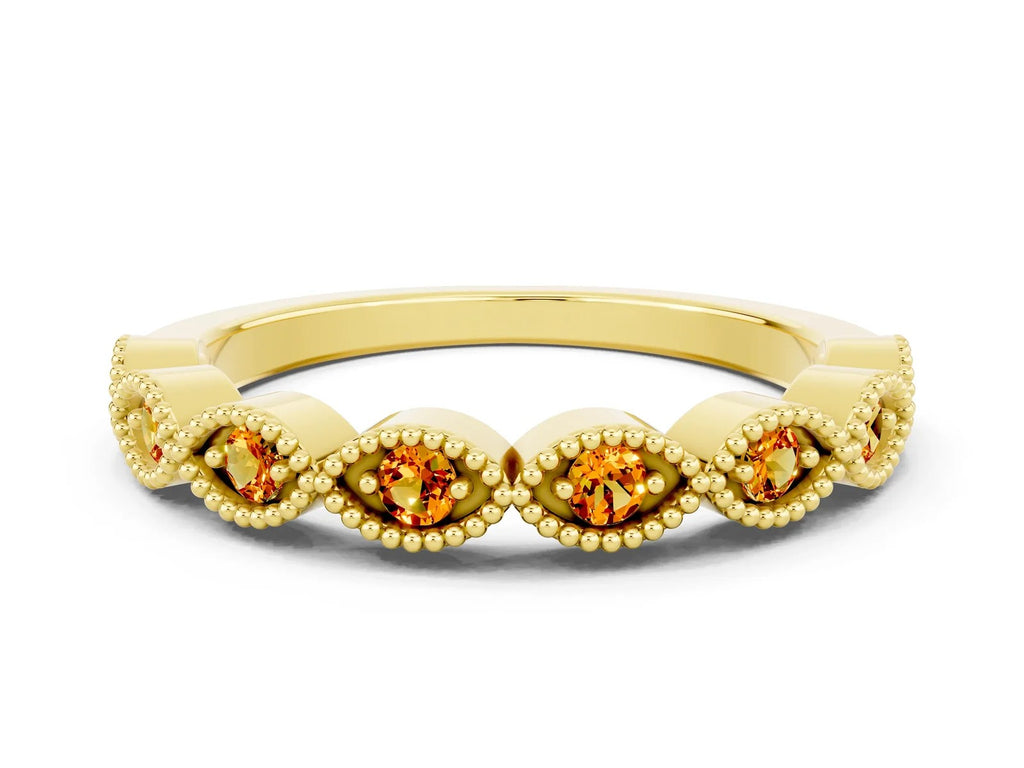 Marquise Citrine Milgrain Half Eternity Band in Yellow gold with Bezel Setting 
