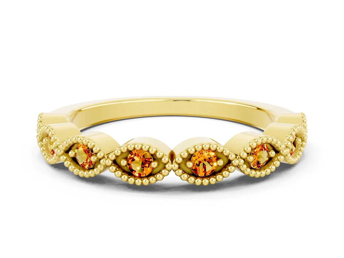 Marquise Citrine Milgrain Half Eternity Band in Yellow gold with Bezel Setting 