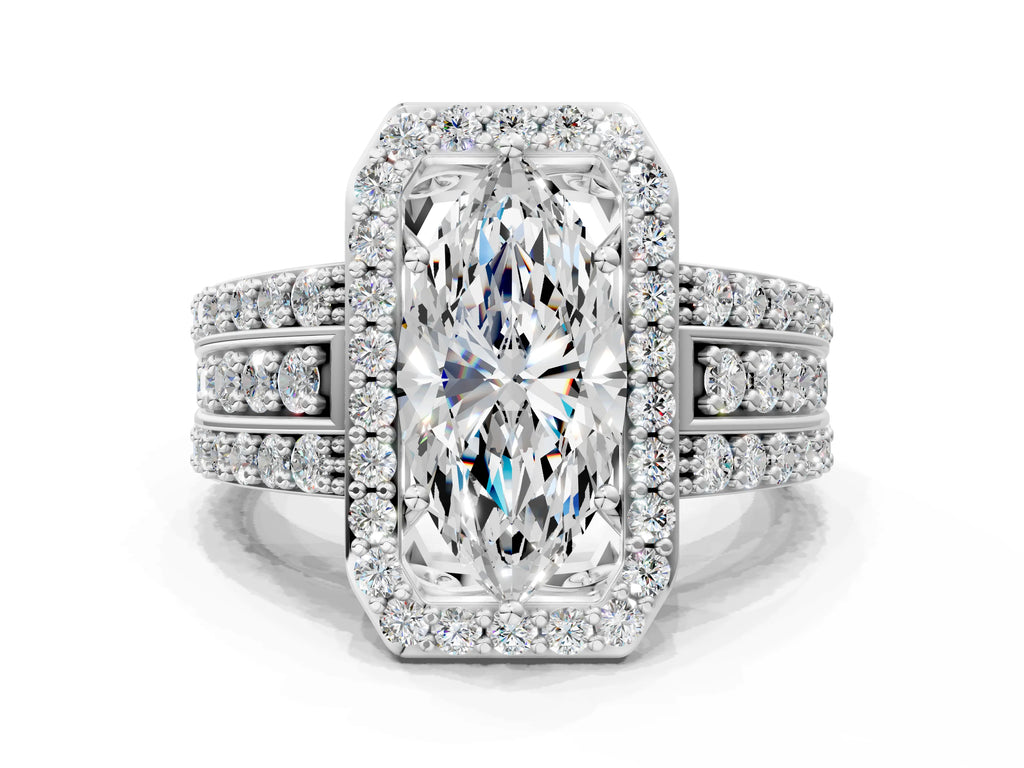 Marquise Cut Diamond Halo Engagement Ring in Platinum with Triple-Row Round Band