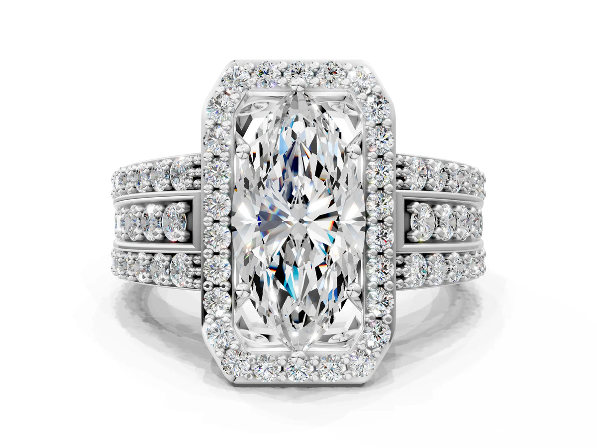 Marquise Cut Diamond Halo Engagement Ring in Platinum with Triple-Row Round Band