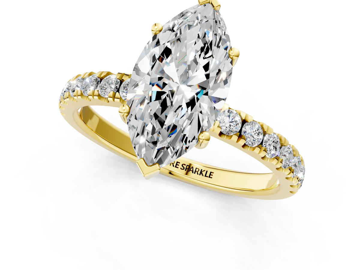 Marquise Cut Diamond Hidden Halo Engagement Ring in Yellow gold with Round Pavé Band