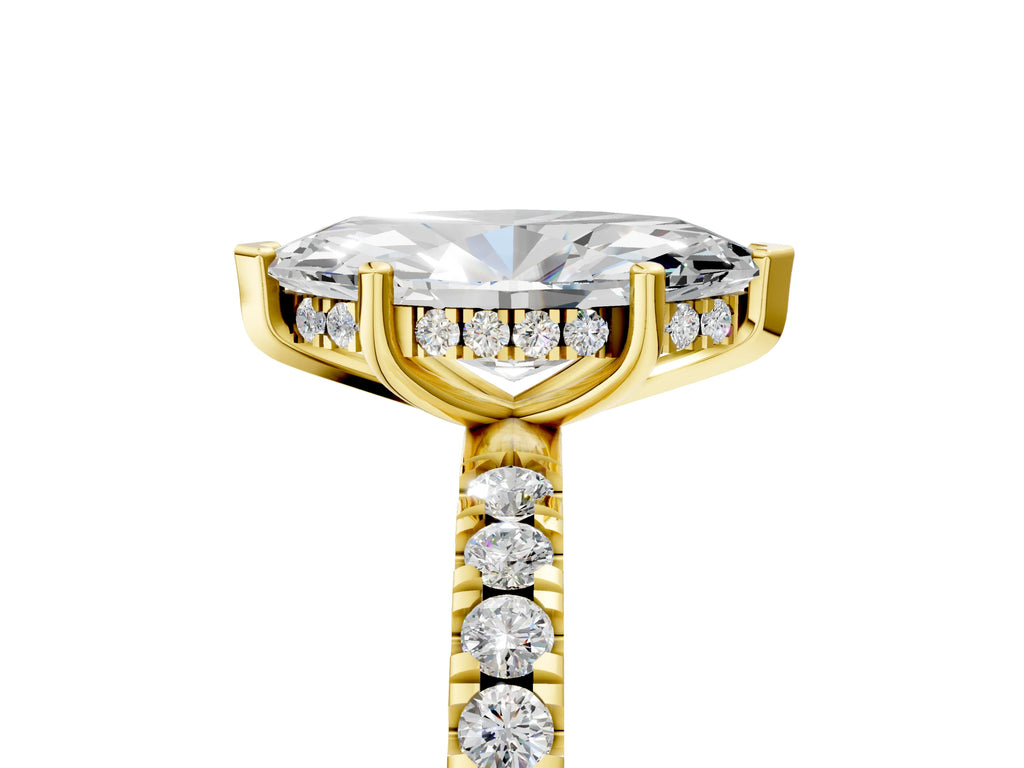 Marquise Cut Diamond Hidden Halo Engagement Ring in Yellow gold with Round Pavé Band
