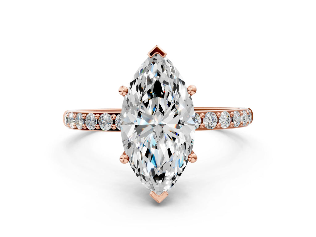Marquise Cut Diamond Pavé Band Solitaire Ring in Rose gold with Round Accents