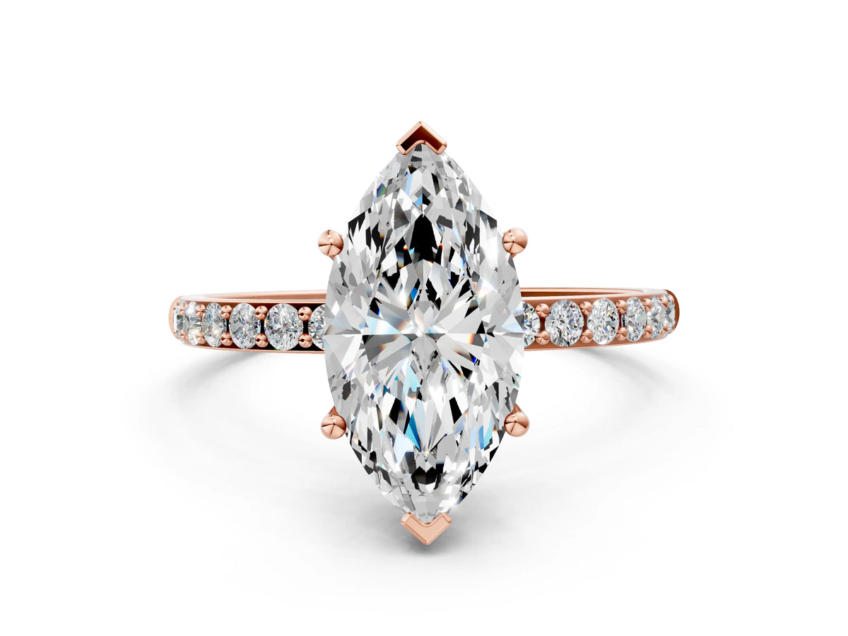 Marquise Cut Diamond Pavé Band Solitaire Ring in Rose gold with Round Accents