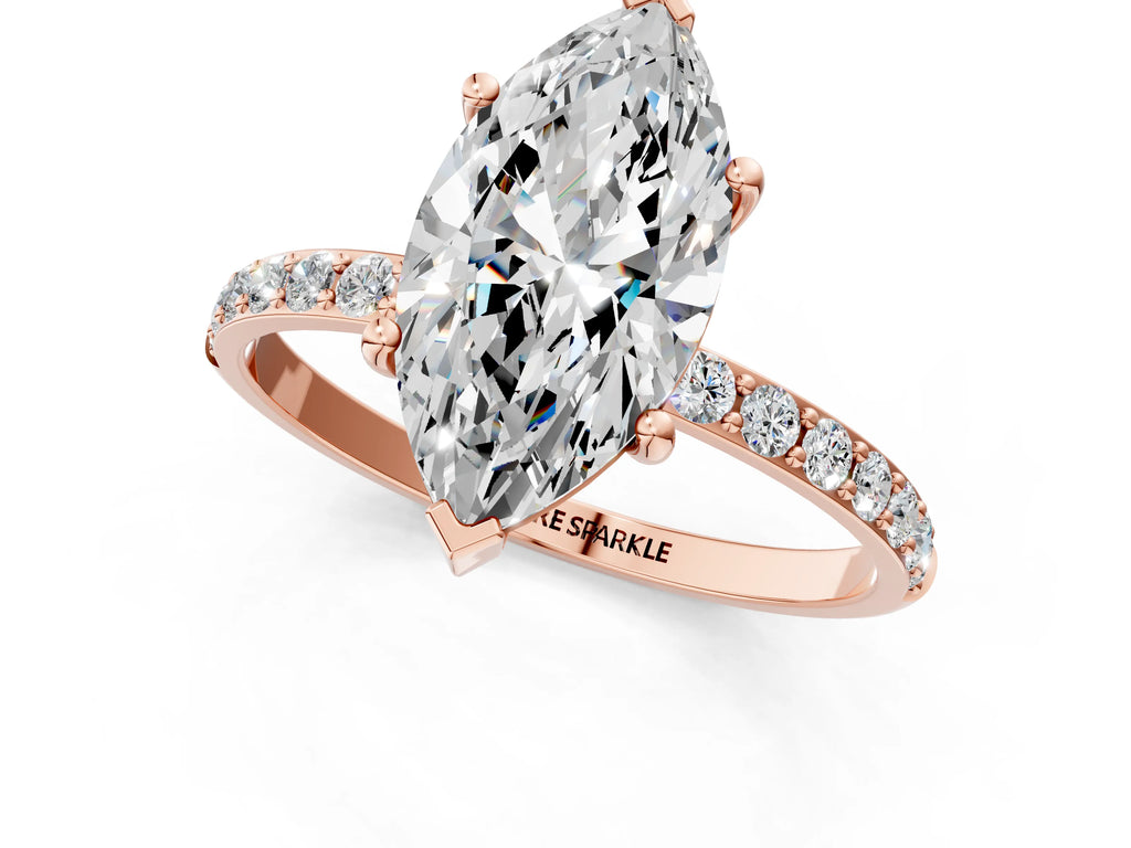 Marquise Cut Diamond Pavé Band Solitaire Ring in Rose gold with Round Accents