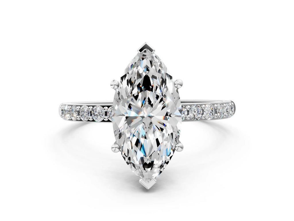 Marquise Cut Diamond Pavé Band Solitaire Ring in Silver with Round Accents