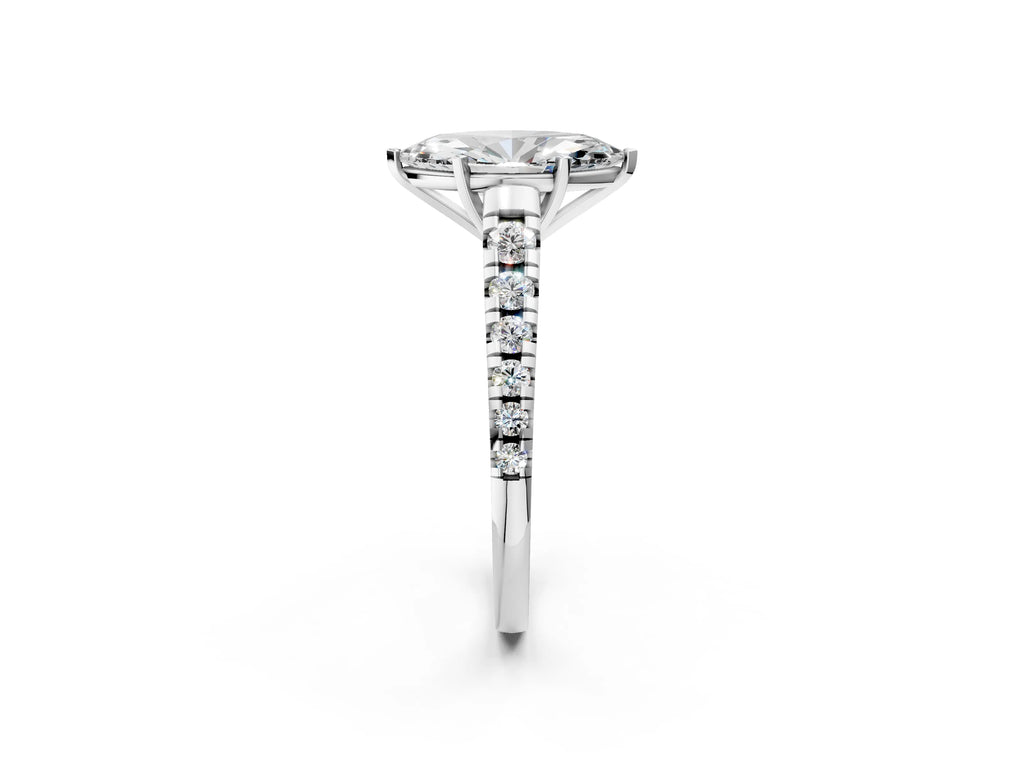 Marquise Cut Diamond Vintage Scroll Solitaire Ring in White gold with Graduated Round Side Stones