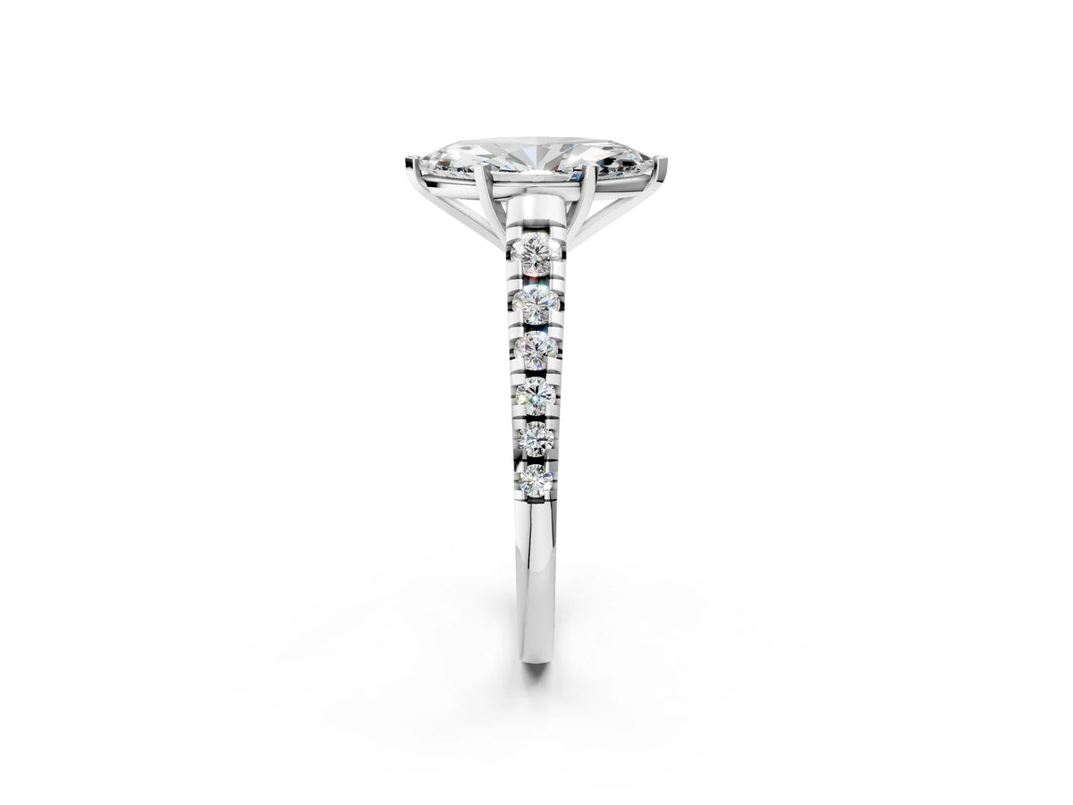 Marquise Cut Diamond Vintage Scroll Solitaire Ring in White gold with Graduated Round Side Stones