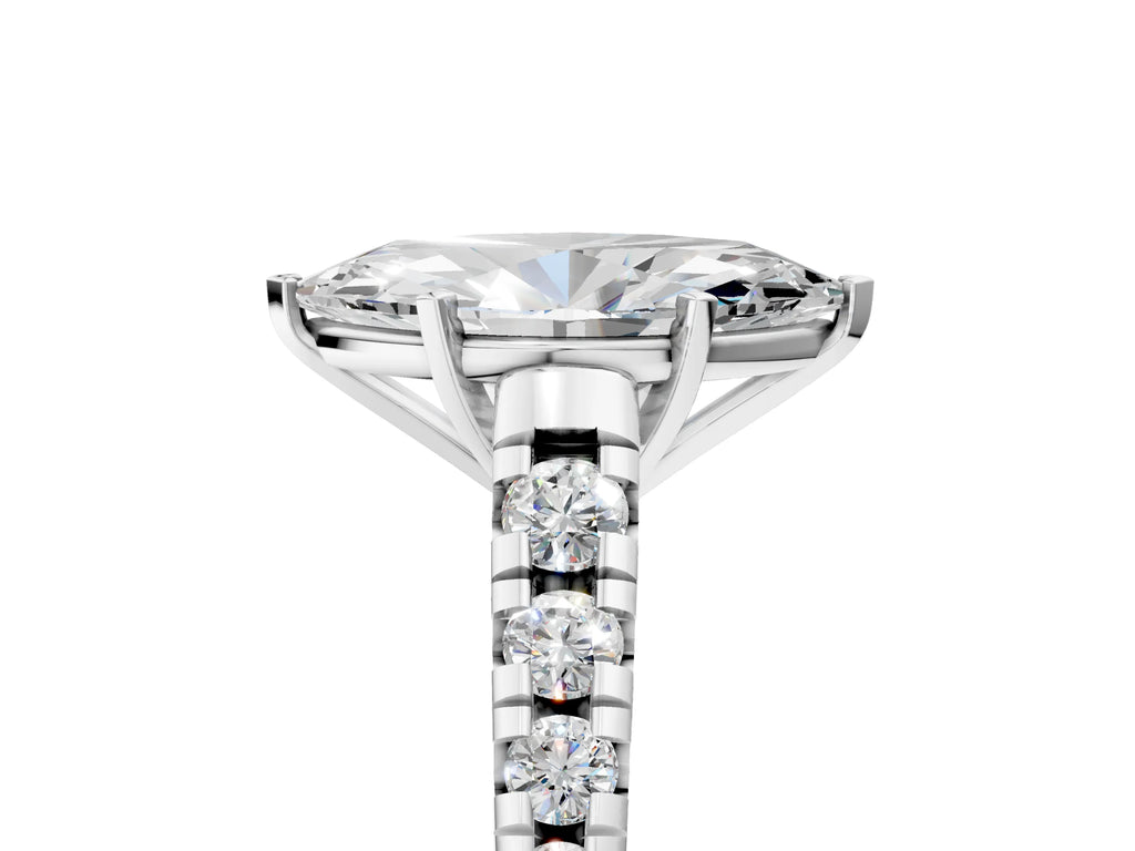 Marquise Cut Diamond Vintage Scroll Solitaire Ring in White gold with Graduated Round Side Stones