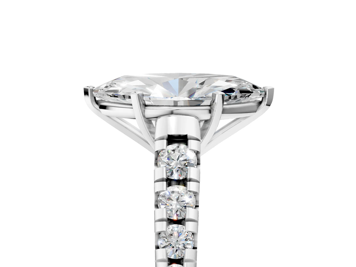 Marquise Cut Diamond Vintage Scroll Solitaire Ring in White gold with Graduated Round Side Stones