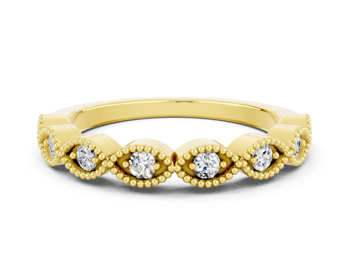 Marquise Moissanite Milgrain Half Eternity Band in Yellow gold with Bezel Setting 