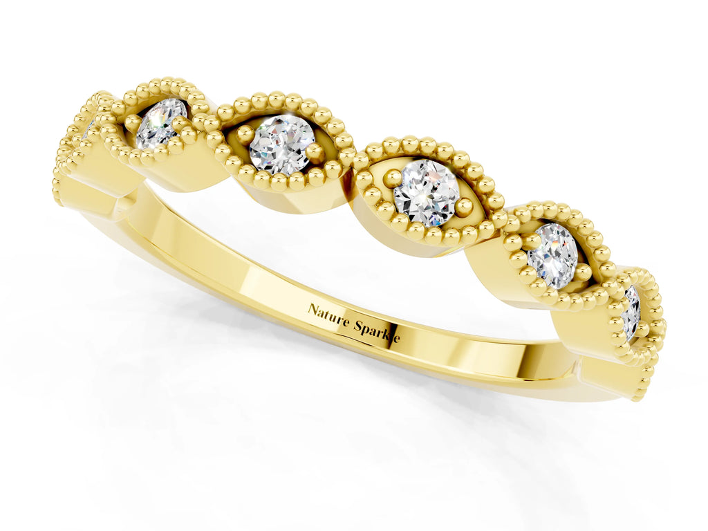 Marquise Moissanite Milgrain Half Eternity Band in Yellow gold with Bezel Setting