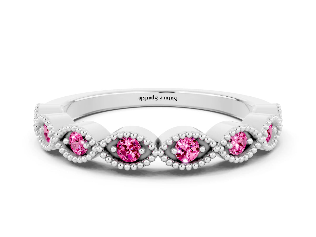 Marquise Pink Sapphire Milgrain Half Eternity Band in White gold with Bezel Setting