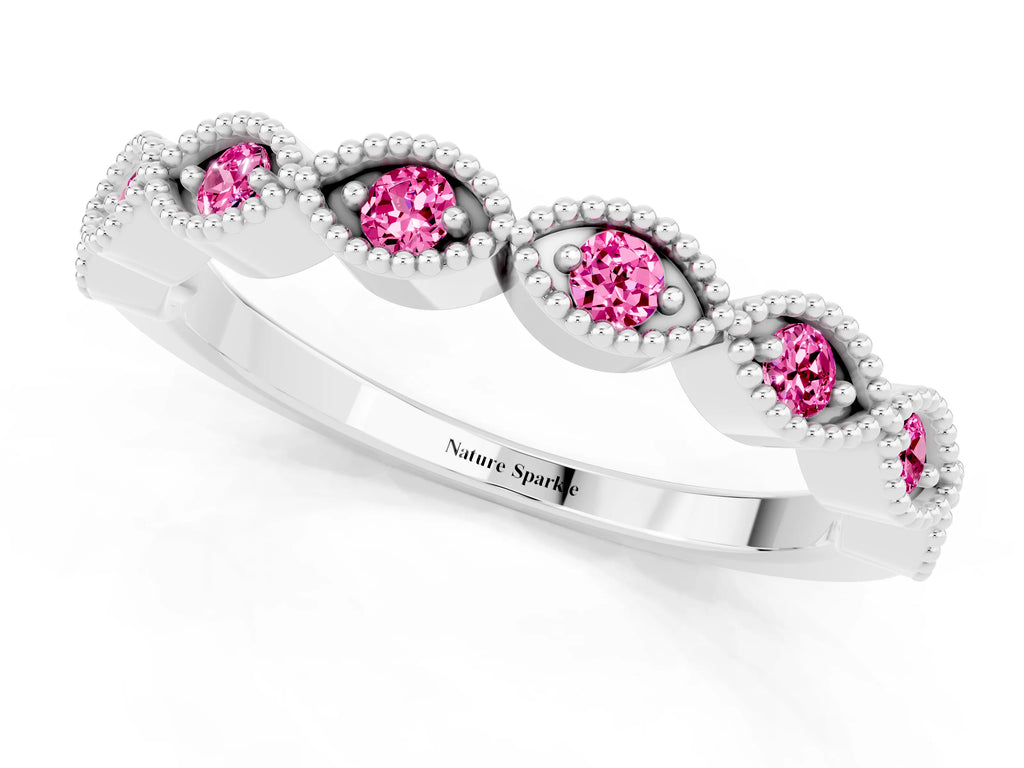 Marquise Pink Sapphire Milgrain Half Eternity Band in White gold with Bezel Setting