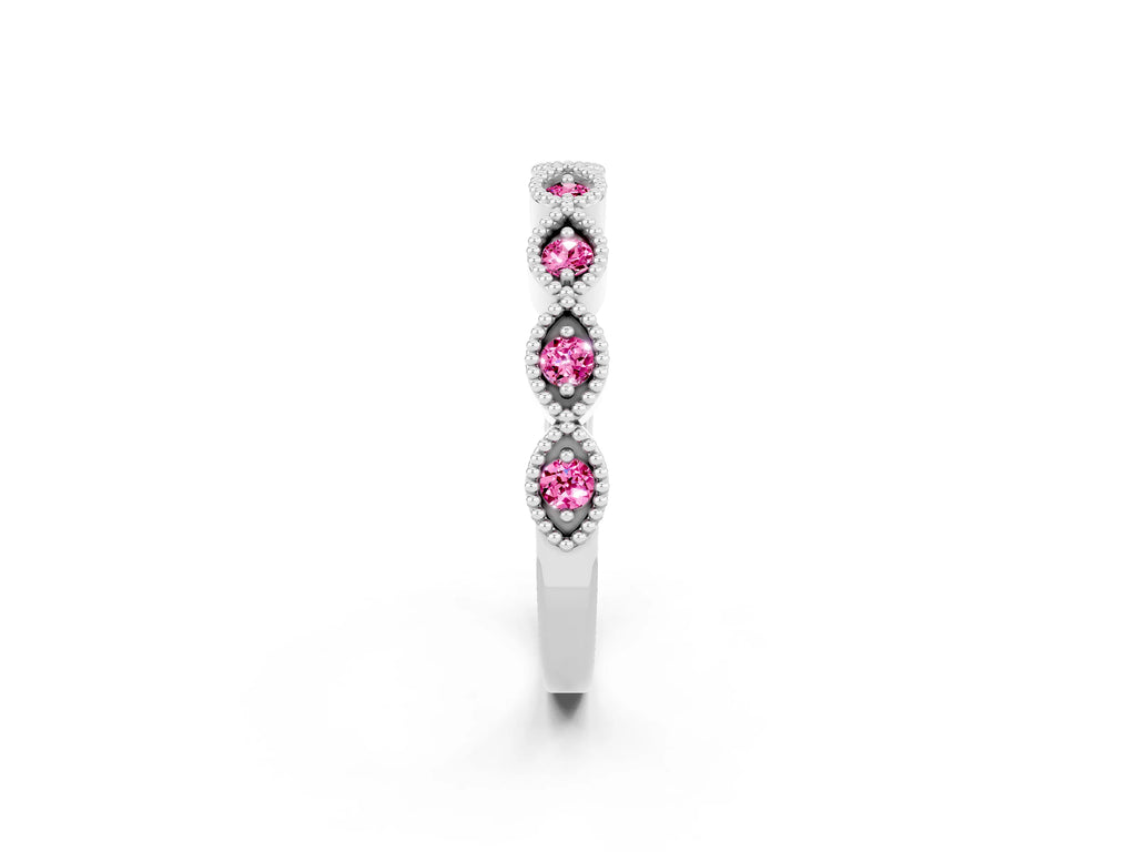 Marquise Pink Sapphire Milgrain Half Eternity Band in White gold with Bezel Setting