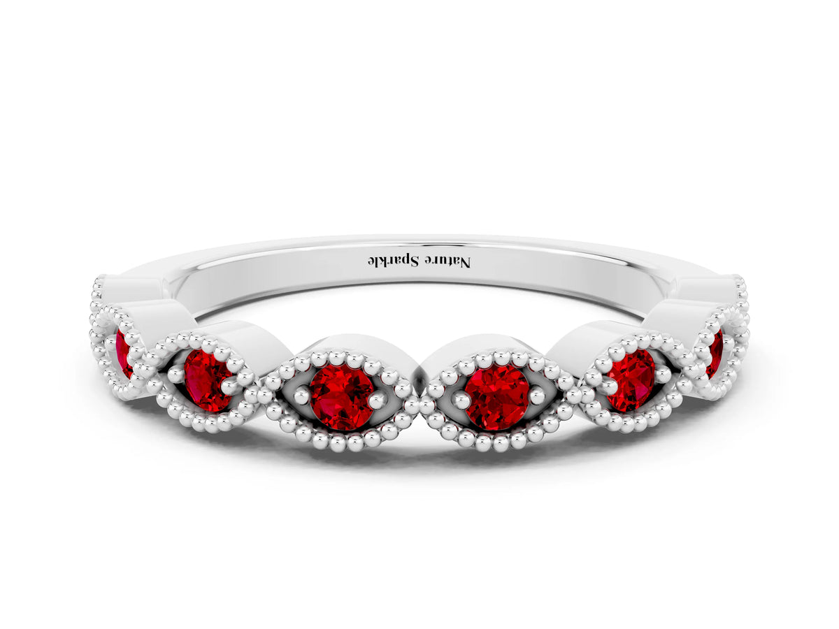 Marquise Ruby Milgrain Half Eternity Band in Platinum with Bezel Setting