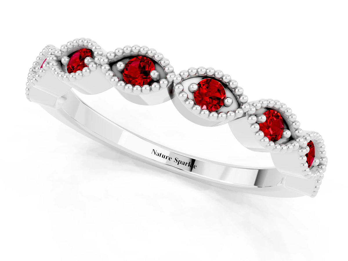 Marquise Ruby Milgrain Half Eternity Band in Platinum with Bezel Setting
