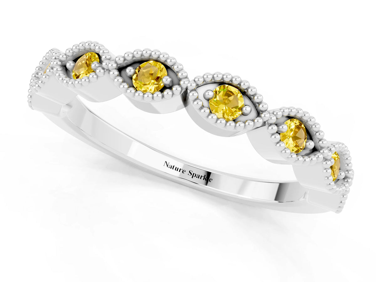 Marquise Yellow Sapphire Milgrain Half Eternity Band in White gold with Bezel Setting