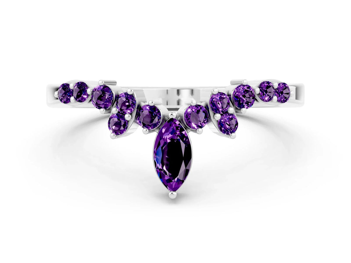 Marquise and Round Amethyst Chevron Band in Silver with Prong Setting 