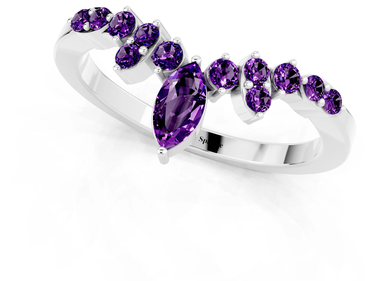 Marquise and Round Amethyst Chevron Band in Silver with Prong Setting