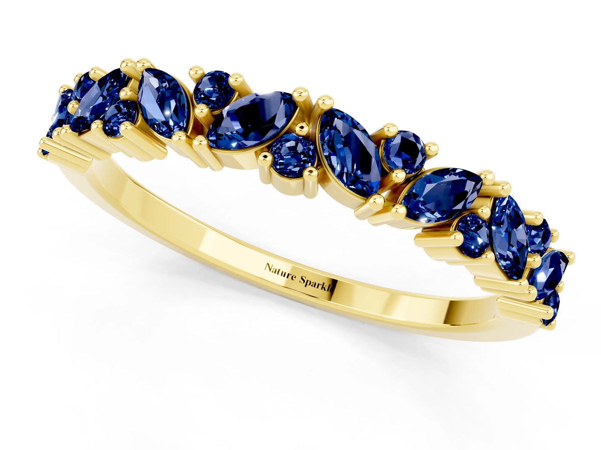 Marquise and Round Blue Sapphire Vine Eternity Band in Yellow gold with Prong Setting