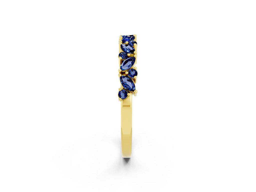 Marquise and Round Blue Sapphire Vine Eternity Band in Yellow gold with Prong Setting
