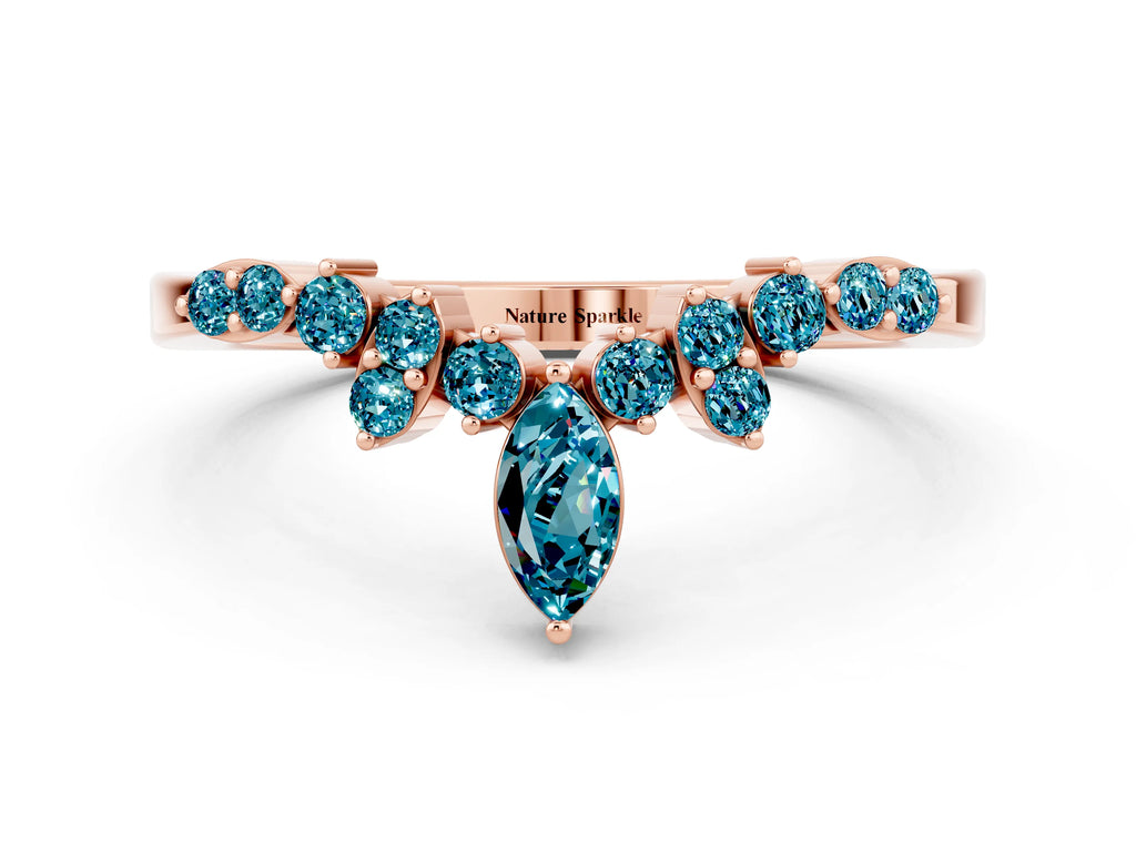 Marquise and Round Blue Topaz Chevron Band in Rose gold with Prong Setting