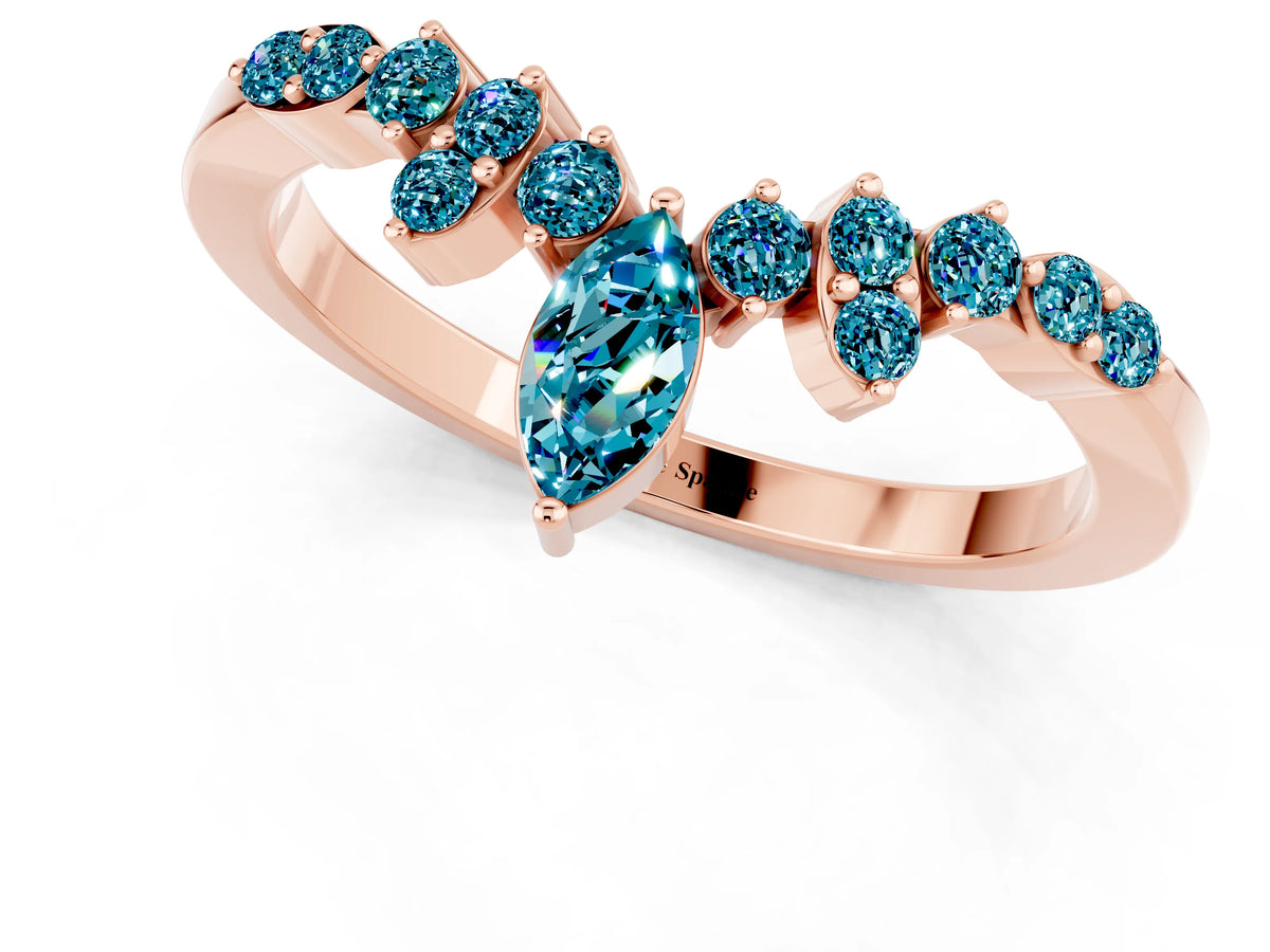 Marquise and Round Blue Topaz Chevron Band in Rose gold with Prong Setting