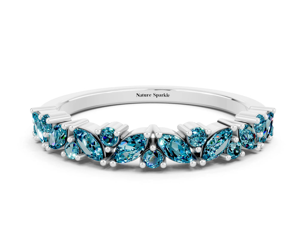 Marquise and Round Blue Topaz Vine Eternity Band in Platinum with Prong Setting