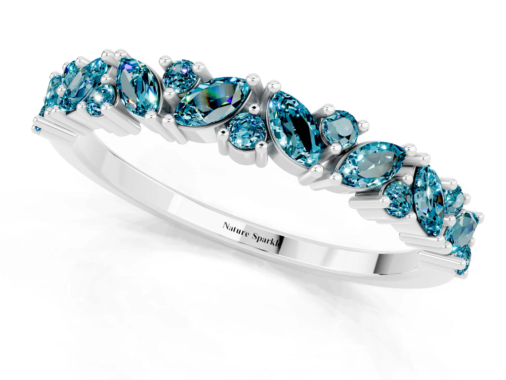 Marquise and Round Blue Topaz Vine Eternity Band in Platinum with Prong Setting