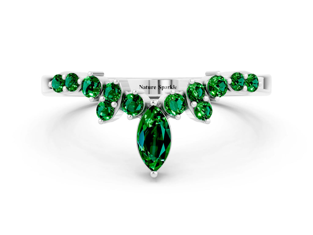 Marquise and Round Emerald Chevron Band in Silver with Prong Setting