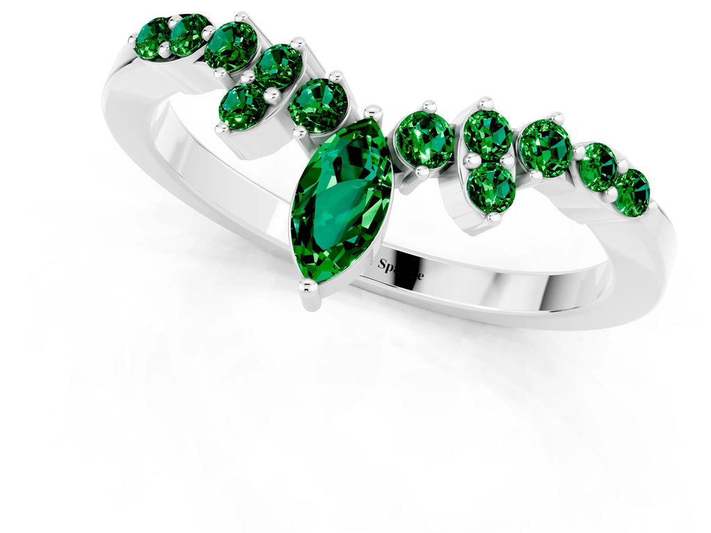 Marquise and Round Emerald Chevron Band in Silver with Prong Setting