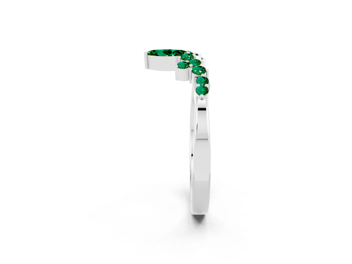 Marquise and Round Emerald Chevron Band in Silver with Prong Setting
