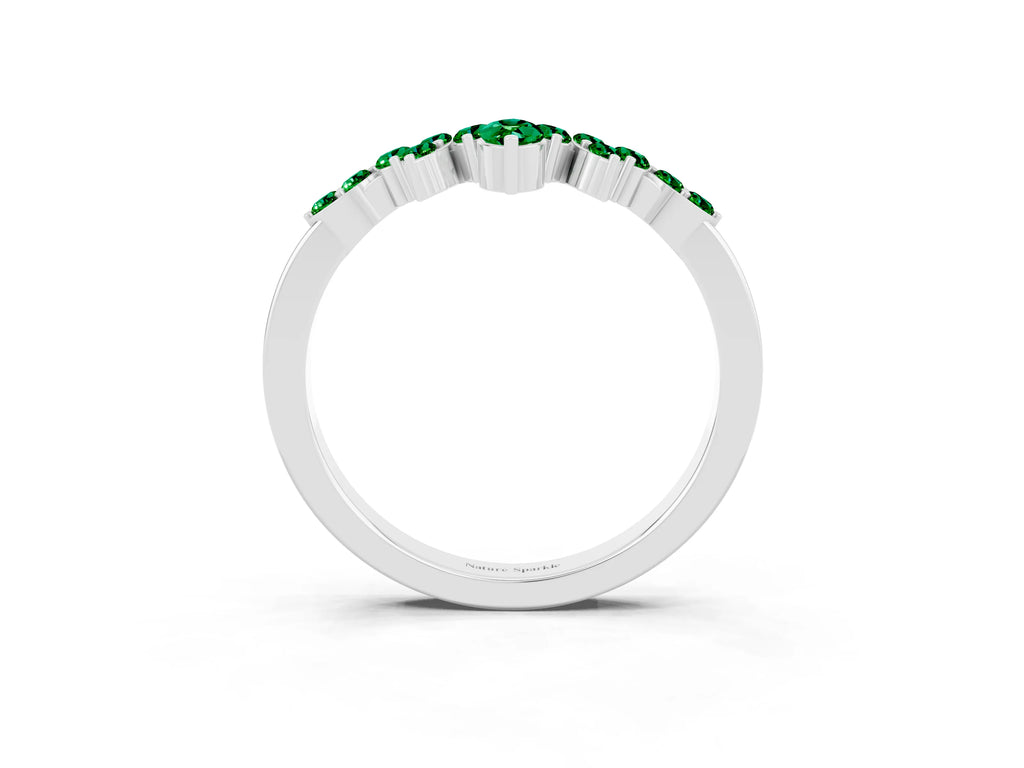 Marquise and Round Emerald Chevron Band in Silver with Prong Setting