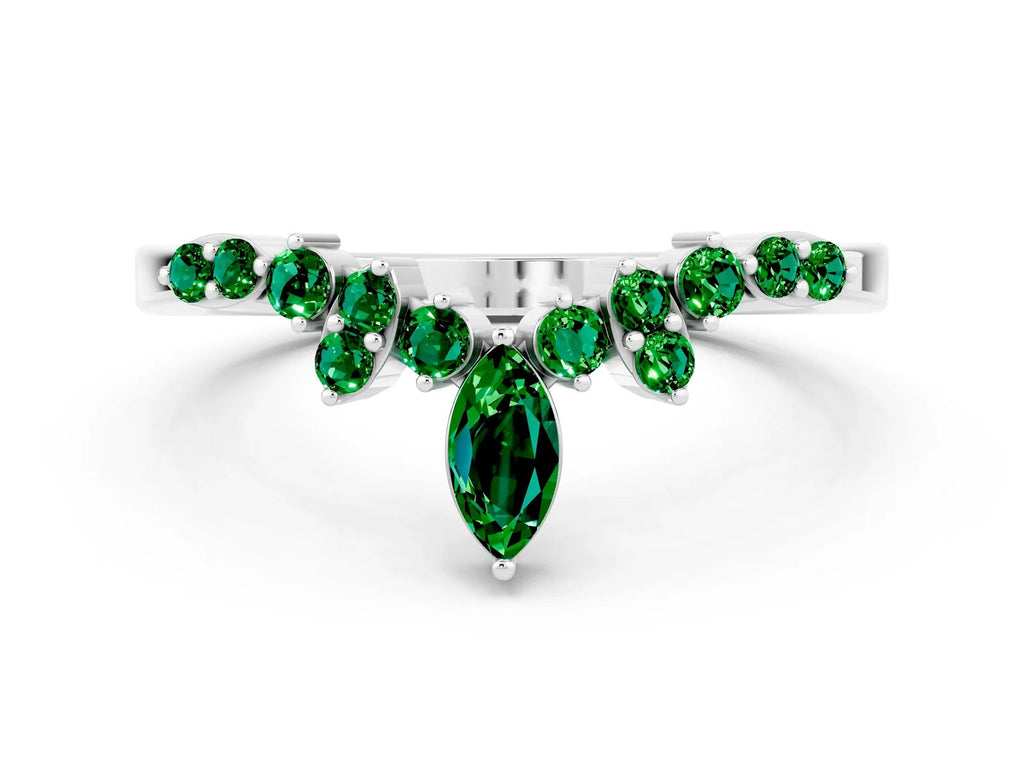 Marquise and Round Emerald Chevron Band in White gold with Prong Setting 