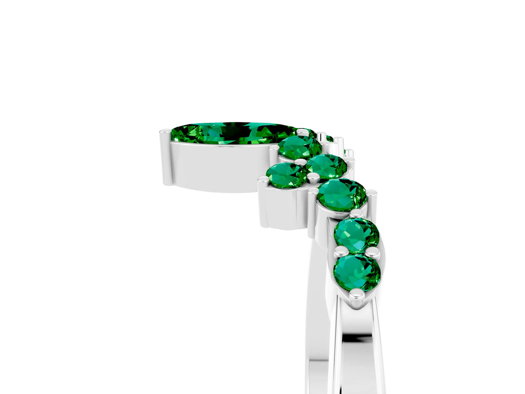 Marquise and Round Emerald Chevron Band in White gold with Prong Setting