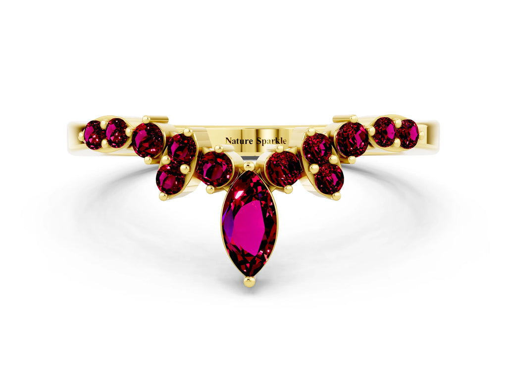 Marquise and Round Garnet Chevron Band in Yellow gold with Prong Setting