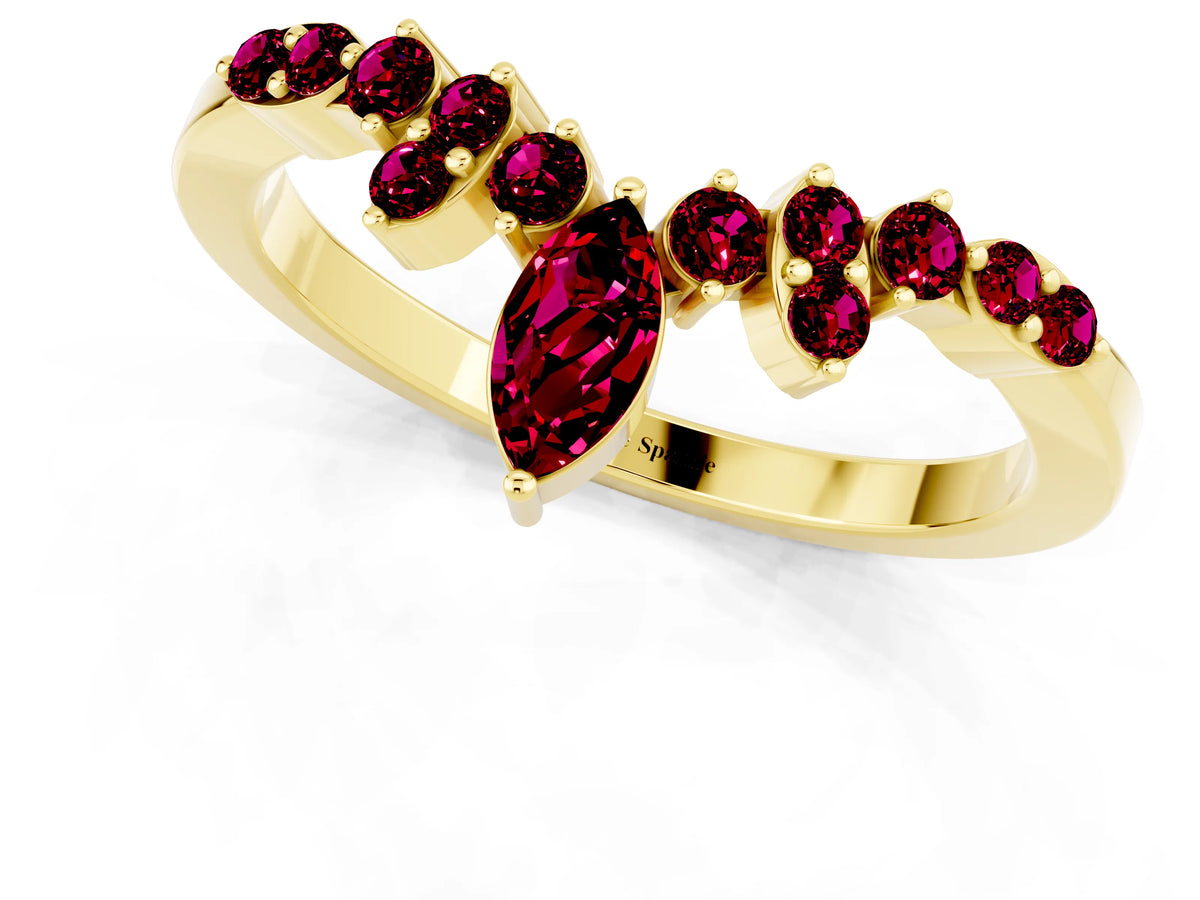 Marquise and Round Garnet Chevron Band in Yellow gold with Prong Setting