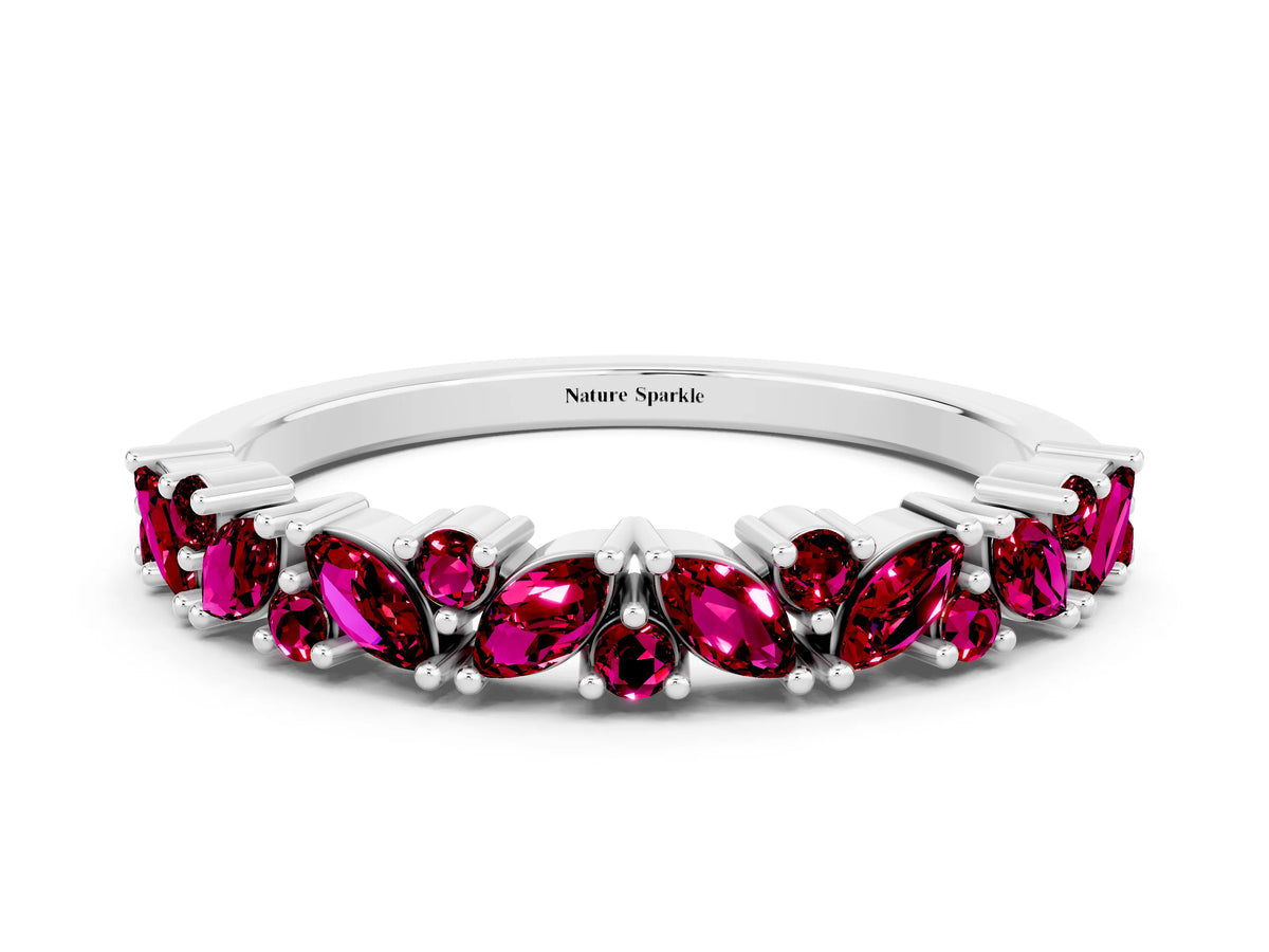 Marquise and Round Garnet Vine Eternity Band in White gold with Prong Setting