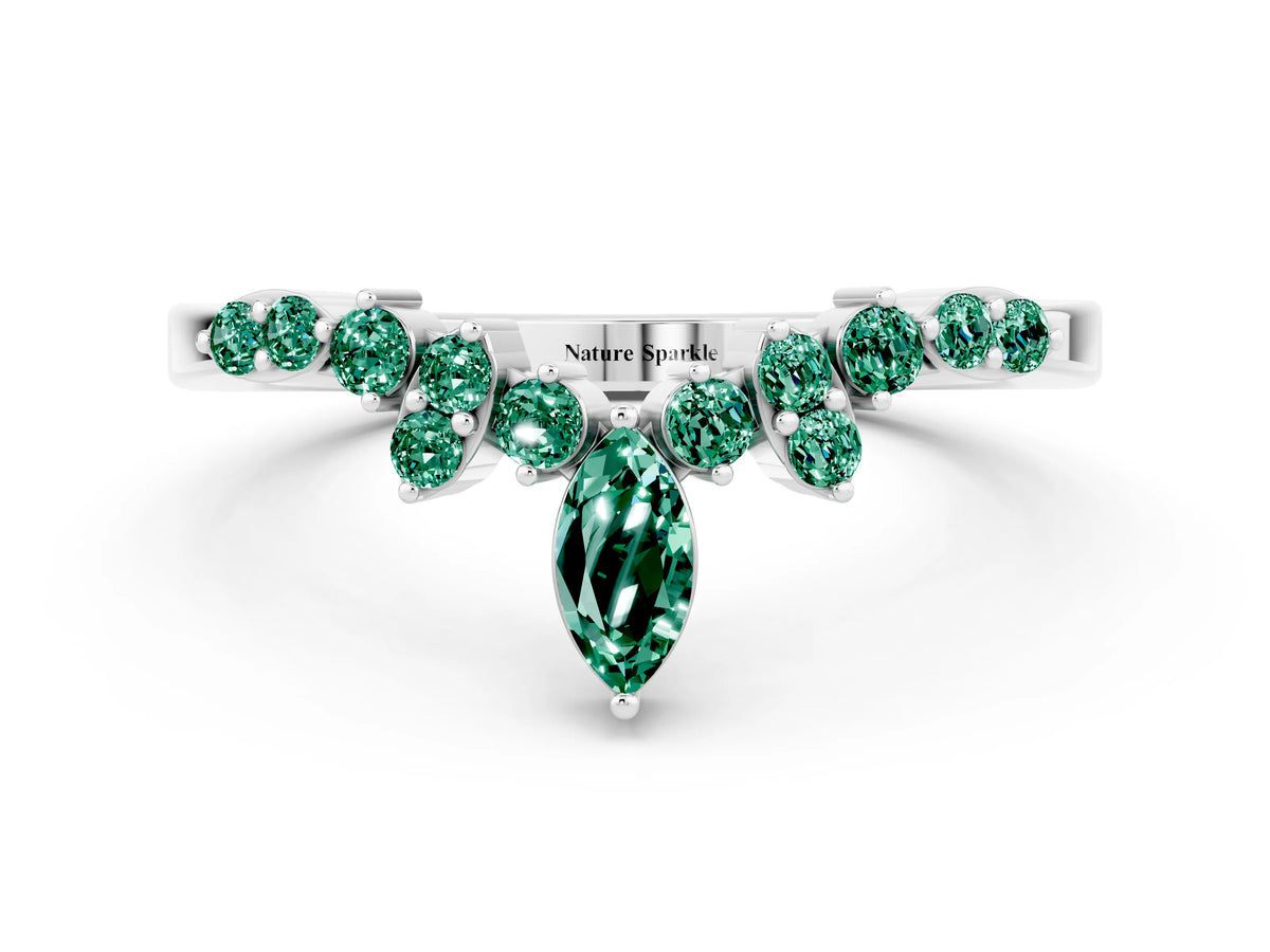 Marquise and Round Green Sapphire Chevron Band in White gold with Prong Setting