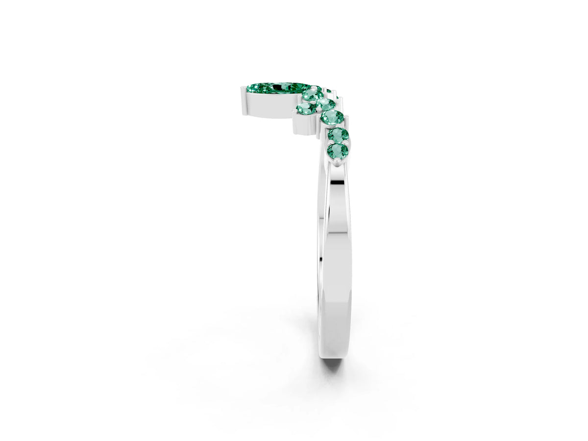 Marquise and Round Green Sapphire Chevron Band in White gold with Prong Setting