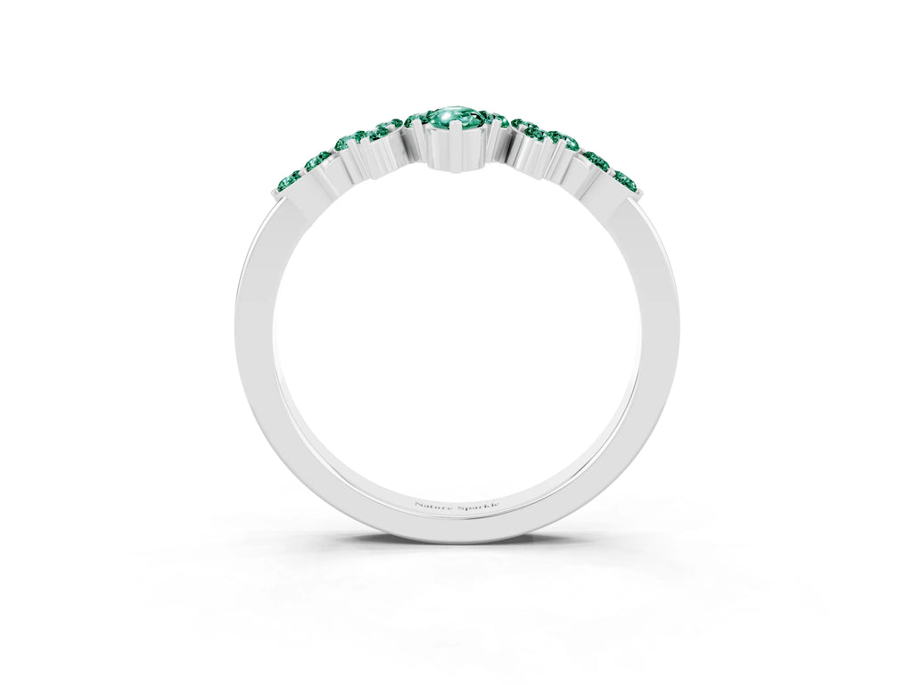 Marquise and Round Green Sapphire Chevron Band in White gold with Prong Setting