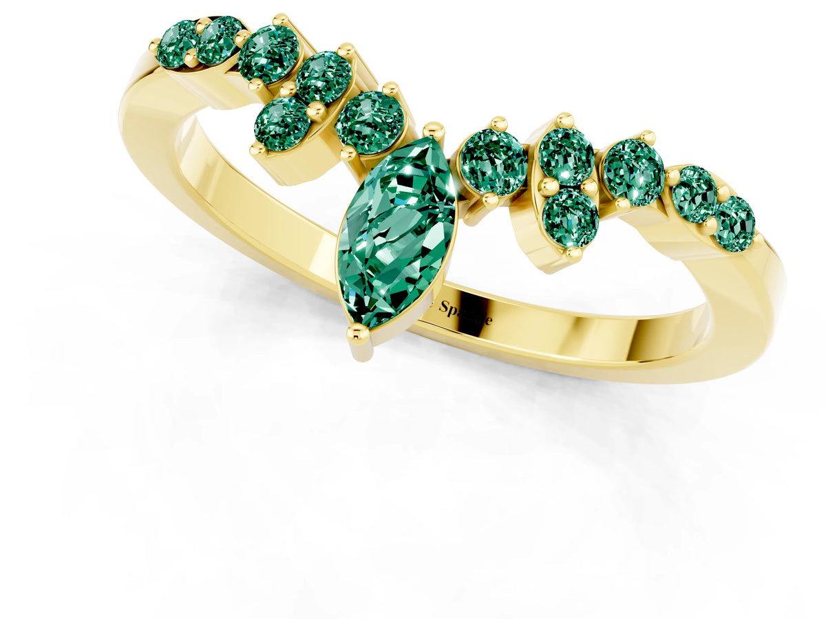 Marquise and Round Green Sapphire Chevron Band in Yellow gold with Prong Setting