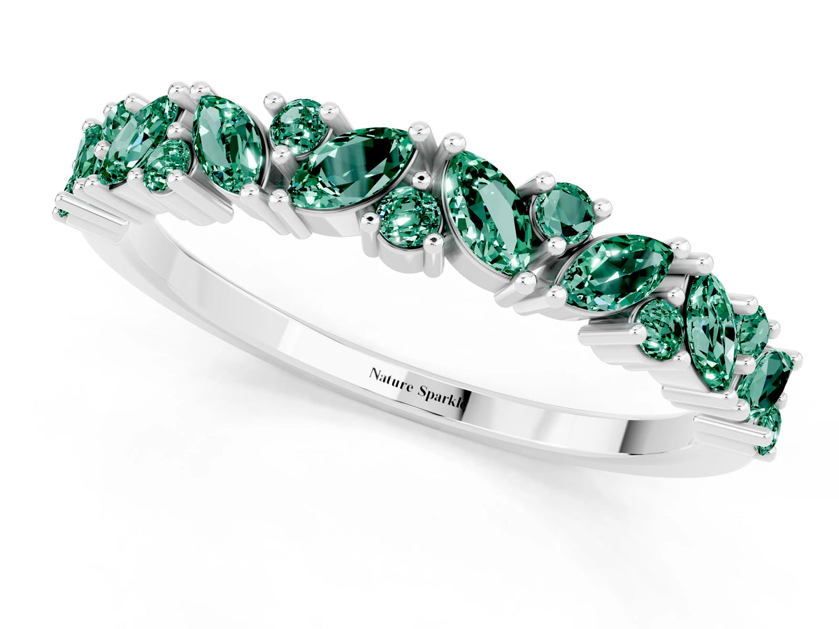 Marquise and Round Green Sapphire Vine Eternity Band in Silver with Prong Setting