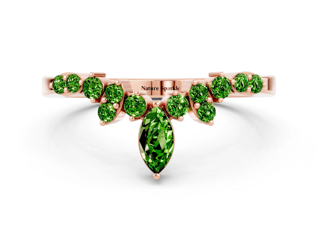 Marquise and Round Peridot Chevron Band in Rose gold with Prong Setting