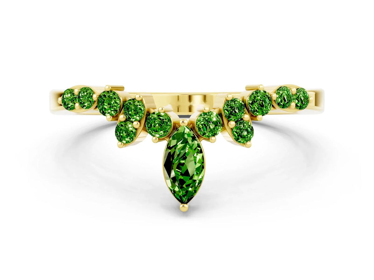 Marquise and Round Peridot Chevron Band in Yellow gold with Prong Setting 