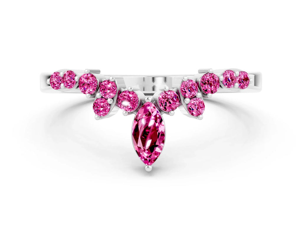 Marquise and Round Pink Sapphire Chevron Band in Platinum with Prong Setting 