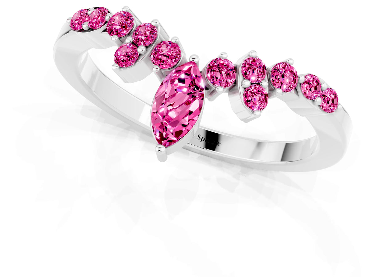 Marquise and Round Pink Sapphire Chevron Band in Platinum with Prong Setting