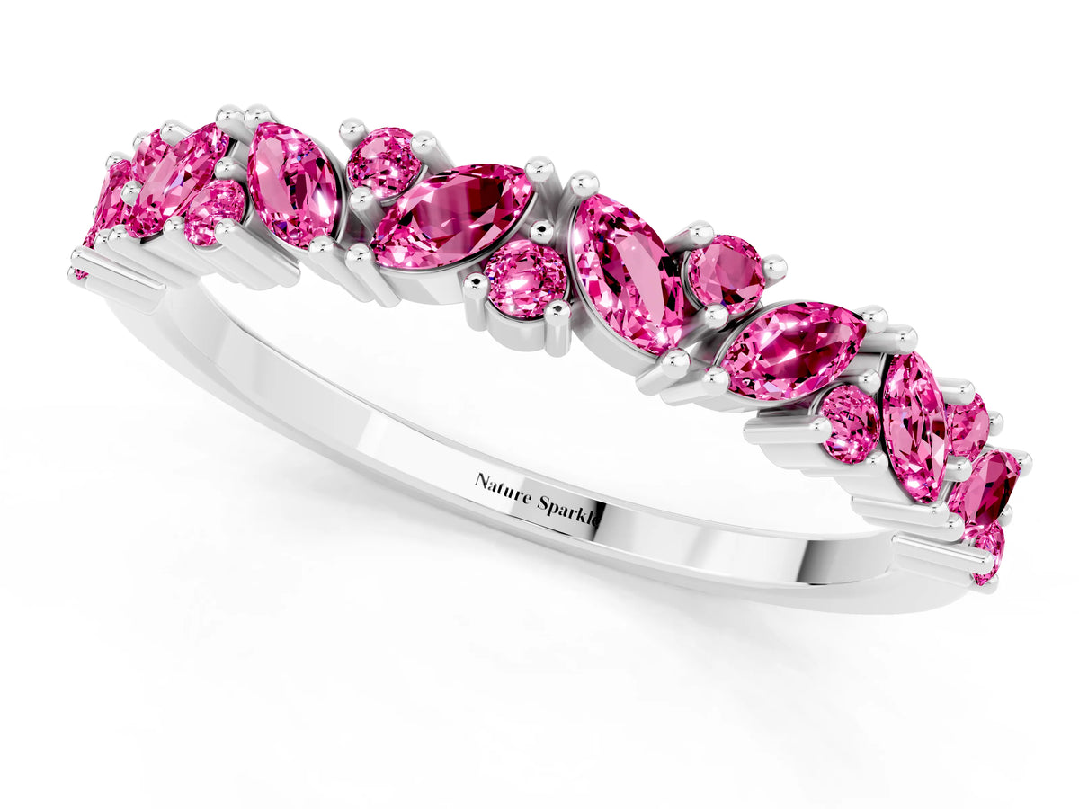 Marquise and Round Pink Sapphire Vine Eternity Band in White gold with Prong Setting